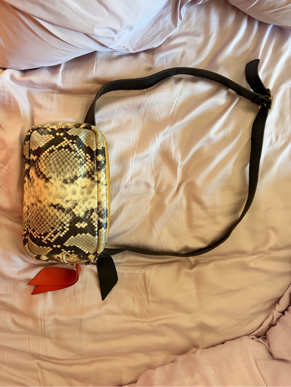 Clare V Gold Snake-Print Crossbody with Black Strap